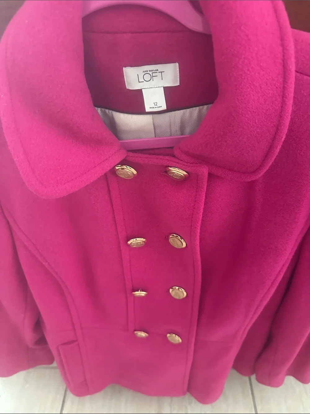 LOFT Women's Pink Double-Breasted Pea Coat with Gold Buttons - Picture 2 of 2